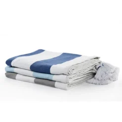 Blankets & Throws-Kirkland's Home Navy Cabana Stripe Tassel Throw Blue/White