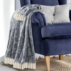 Blankets & Throws-Kirkland's Home Navy Chambray Fringe Throw Blue/White