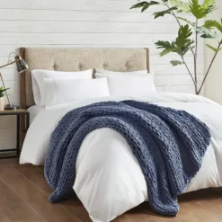 Blankets & Throws-Kirkland's Home Navy Chunky Double Knit Cozy Throw Blue