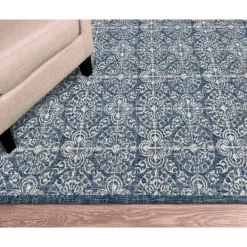 Outdoor Rugs-Kirkland's Home Navy Embellished Scroll Indoor/Outdoor Rug, 4X7 Blue/White