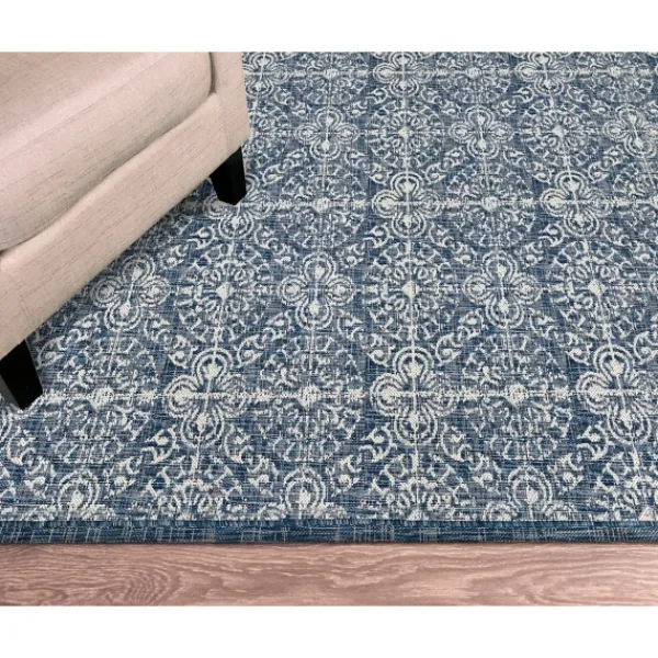 Outdoor Rugs-Kirkland's Home Navy Embellished Scroll Indoor/Outdoor Rug, 4X7 Blue/White