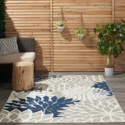 Outdoor Rugs-Kirkland's Home Navy Floral Burst Outdoor Area Rug, 5X7 Blue/Gray