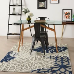 Outdoor Rugs-Kirkland's Home Navy Floral Burst Outdoor Area Rug, 5X7 Blue/Gray