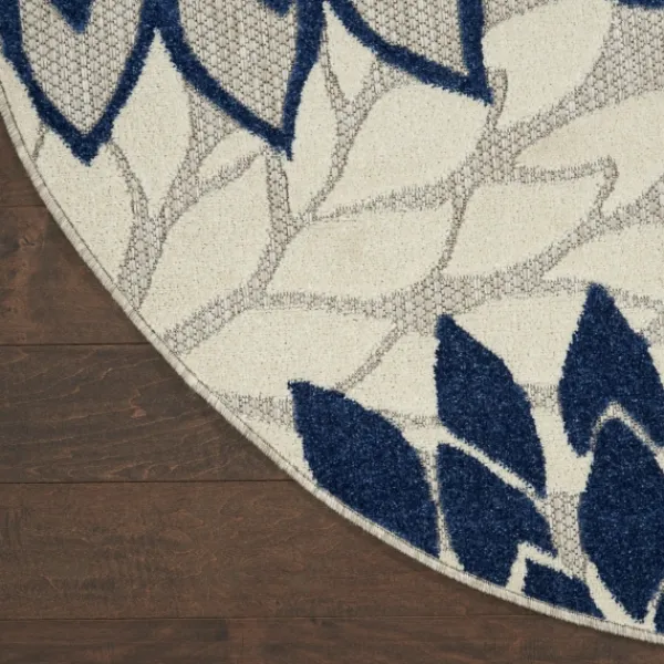 Outdoor Rugs-Kirkland's Home Navy Floral Burst Round Outdoor Area Rug, 7X7 Blue/White/Tan