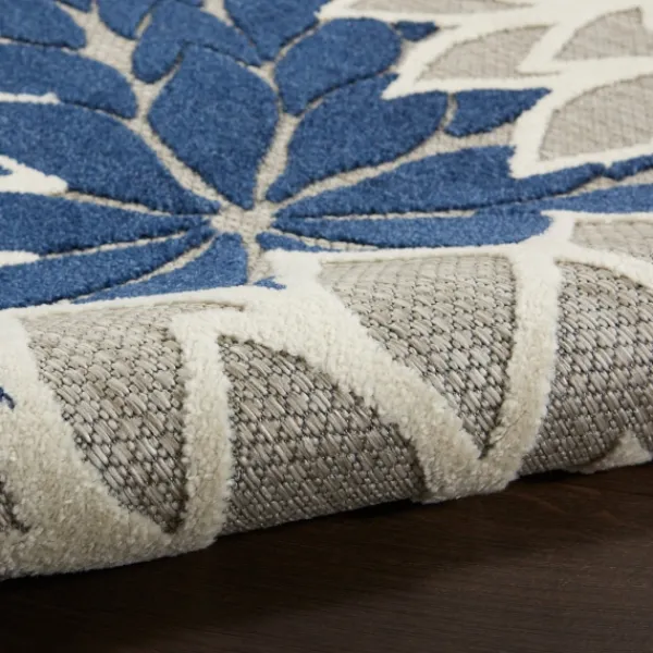 Outdoor Rugs-Kirkland's Home Navy Floral Burst Round Outdoor Area Rug, 7X7 Blue/White/Tan