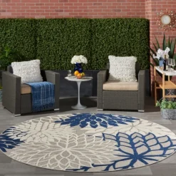 Outdoor Rugs-Kirkland's Home Navy Floral Burst Round Outdoor Area Rug, 7X7 Blue/White/Tan