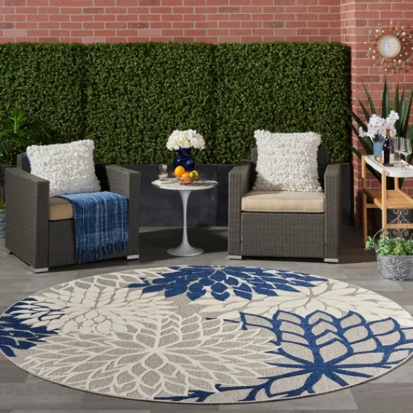 Outdoor Rugs-Kirkland's Home Navy Floral Burst Round Outdoor Area Rug, 7X7 Blue/White/Tan