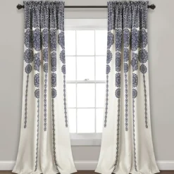 Curtains & Drapes-Kirkland's Home Navy Medallion Stripe Curtain Panel Set, 95 In. Blue/Ivory