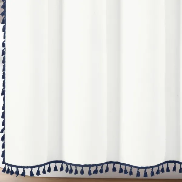 Shower Curtains-Kirkland's Home Navy Melora Tasseled Border Shower Curtain Blue/White