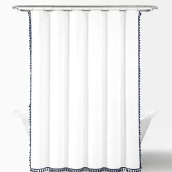 Shower Curtains-Kirkland's Home Navy Melora Tasseled Border Shower Curtain Blue/White