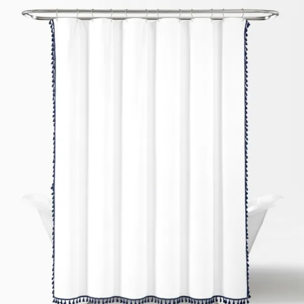 Shower Curtains-Kirkland's Home Navy Melora Tasseled Border Shower Curtain Blue/White