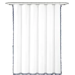 Shower Curtains-Kirkland's Home Navy Melora Tasseled Border Shower Curtain Blue/White