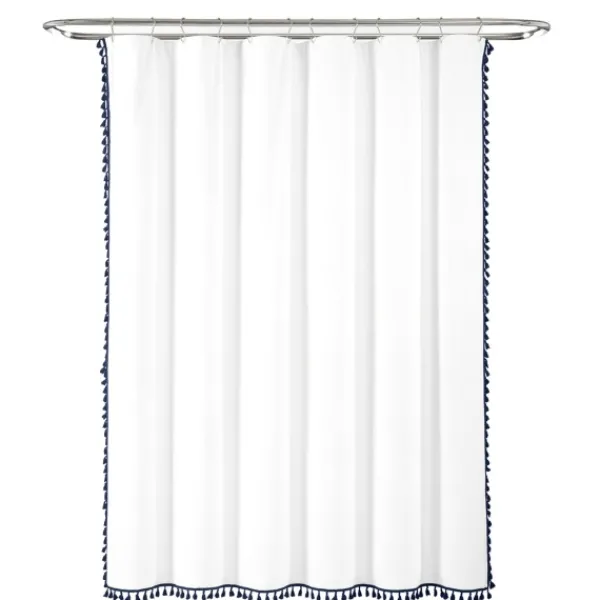 Shower Curtains-Kirkland's Home Navy Melora Tasseled Border Shower Curtain Blue/White
