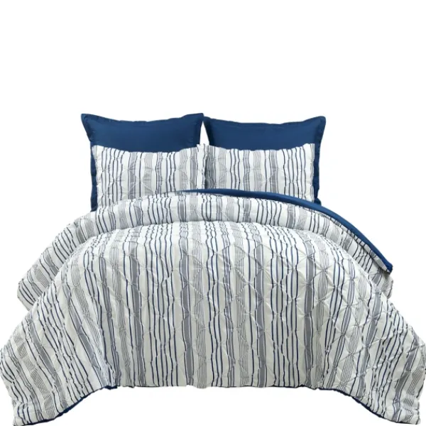 Comforters-Kirkland's Home Navy Pintuck Stripe King 5-Pc. Comforter Set Blue/White