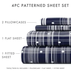 Bed Sheets-Kirkland's Home Navy Plaid Polka Dot 3-Pc. Twin Sheet Set Blue