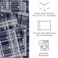 Bed Sheets-Kirkland's Home Navy Plaid Polka Dot 3-Pc. Twin Sheet Set Blue