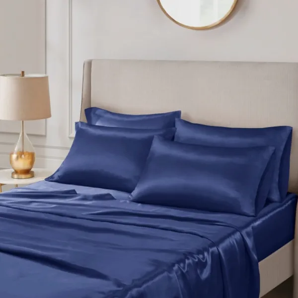 Bed Sheets-Kirkland's Home Navy Satin 6-Pc. Full Sheet Set Blue