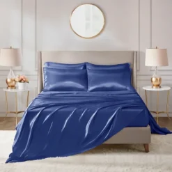 Bed Sheets-Kirkland's Home Navy Satin 6-Pc. King Sheet Set Blue