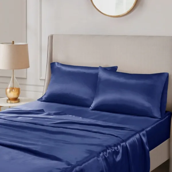 Bed Sheets-Kirkland's Home Navy Satin Standard 2-Pc. Pillow Case Set Blue