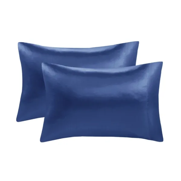 Bed Sheets-Kirkland's Home Navy Satin Standard 2-Pc. Pillow Case Set Blue