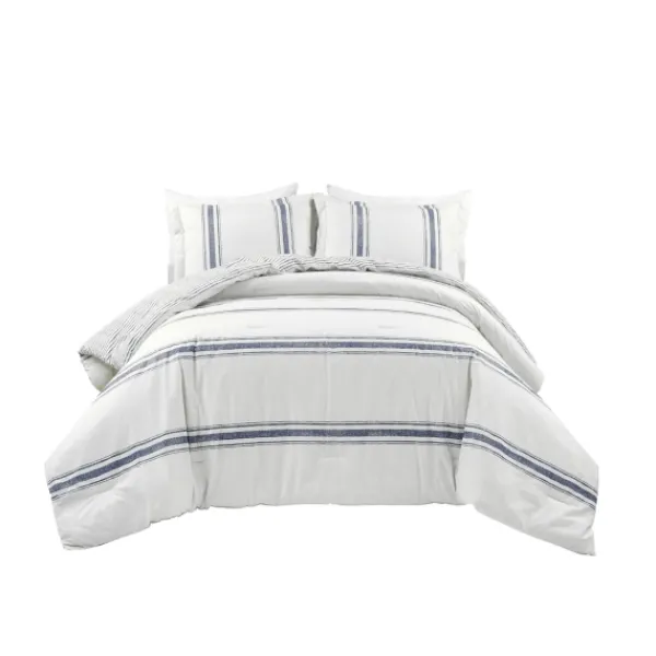 Comforters-Kirkland's Home Navy Stripe 3-Pc. King Comforter Set White/Blue