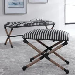 Benches & Ottomans-Kirkland's Home Navy Striped Seat And Black Metal Ottoman Blue/Ivory