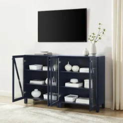 Tv Stands & Media Consoles-Kirkland's Home Navy Triangle 4-Door Wood Media Cabinet Blue