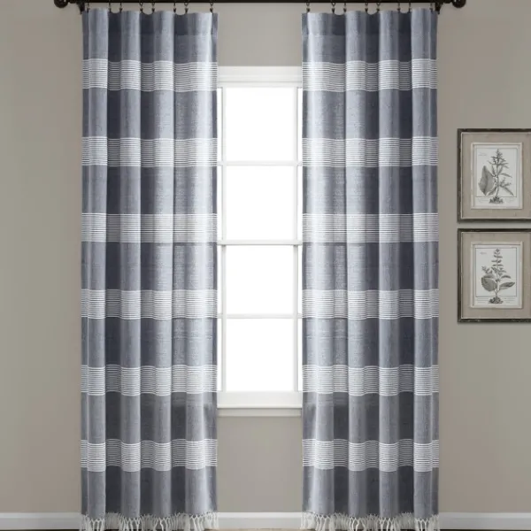 Curtains & Drapes-Kirkland's Home Navy Tucker Stripe Curtain Panel Set, 84 In. Blue