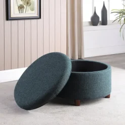 Benches & Ottomans-Kirkland's Home Navy Upholstered Round Storage Ottoman Blue
