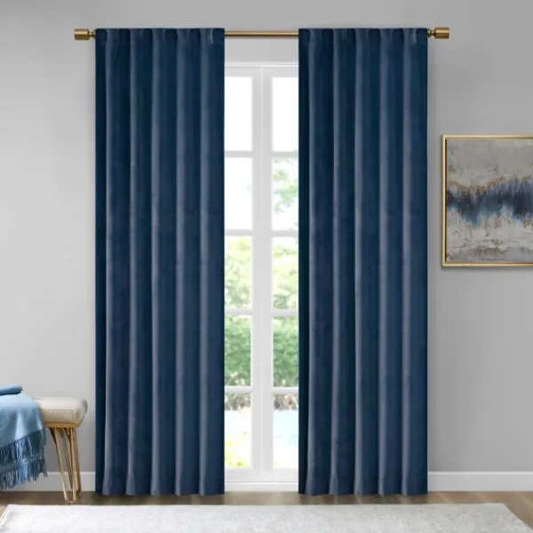 Curtains & Drapes-Kirkland's Home Navy Velvet Greta Curtain Panel Set, 95 In. Blue