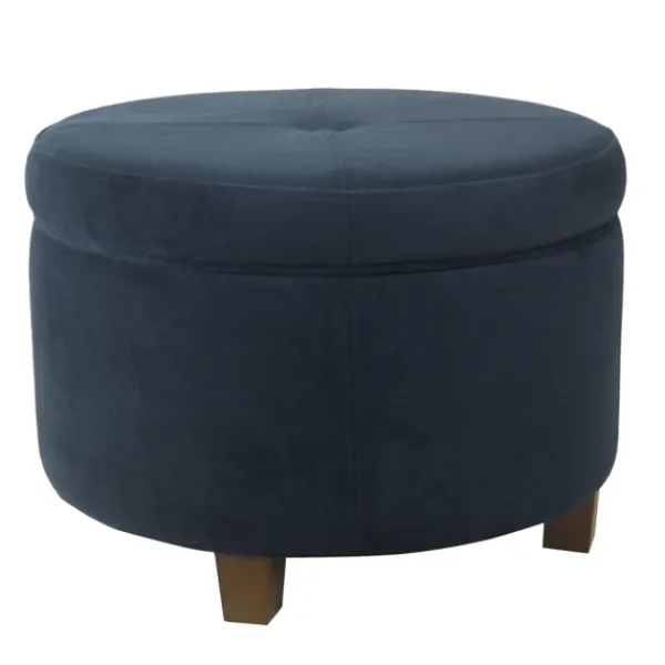 Benches & Ottomans-Kirkland's Home Navy Velvet Upholstered Round Storage Ottoman Blue