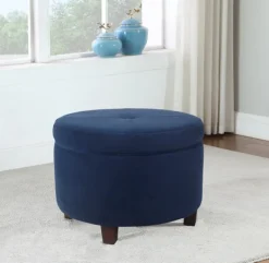 Benches & Ottomans-Kirkland's Home Navy Velvet Upholstered Round Storage Ottoman Blue