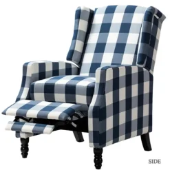 Accent Chairs-Kirkland's Home Navy Windowpane Plaid Recliner Blue/White