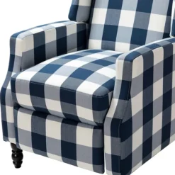Accent Chairs-Kirkland's Home Navy Windowpane Plaid Recliner Blue/White