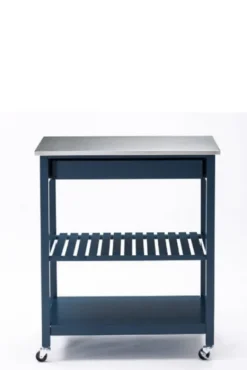 Kitchen Islands & Bar Carts-Kirkland's Home Navy Wood And Stainless Steel Top Kitchen Cart Blue