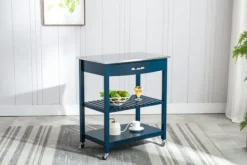 Kitchen Islands & Bar Carts-Kirkland's Home Navy Wood And Stainless Steel Top Kitchen Cart Blue