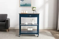 Kitchen Islands & Bar Carts-Kirkland's Home Navy Wood And Stainless Steel Top Kitchen Cart Blue