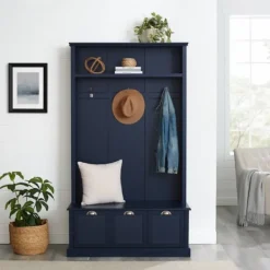 Entryway Furniture-Kirkland's Home Navy Wood Storage Bench Hall Tree Blue