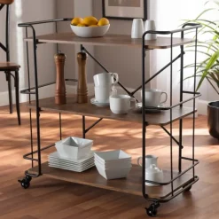 Kitchen Islands & Bar Carts-Kirkland's Home Nellie Walnut 3-Tier Mobile Bar Cart