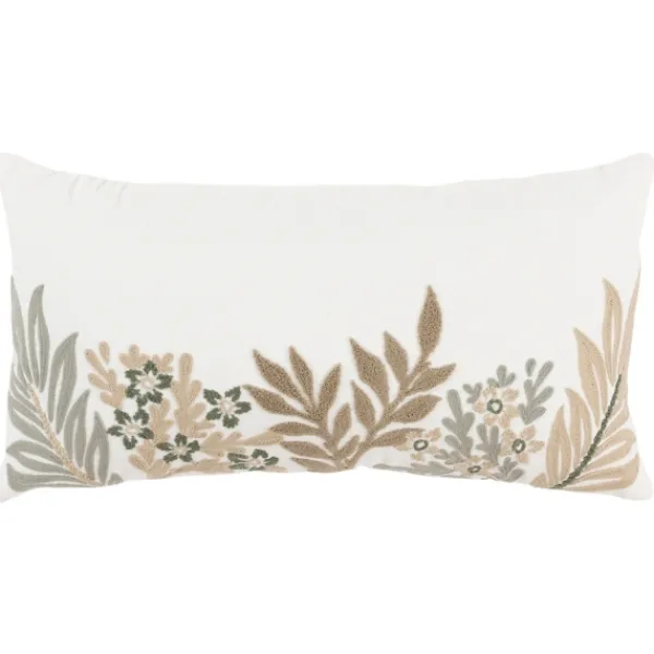 Pillows-Kirkland's Home Neutral Blooms Hand Embroidered Lumbar Pillow White/Tan/Gray