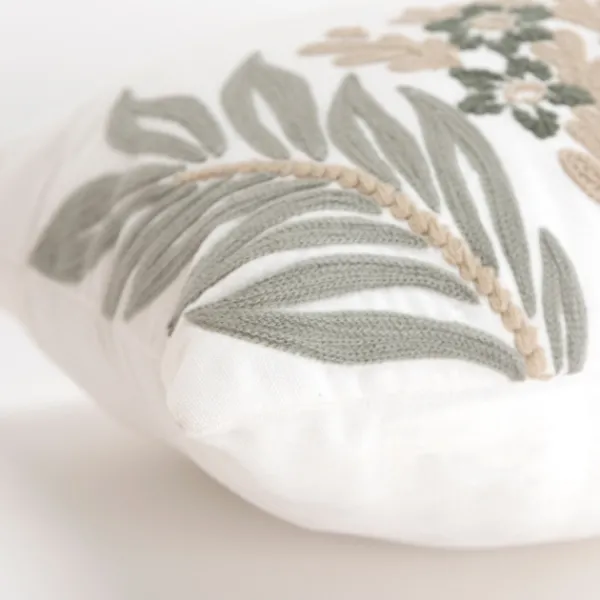 Pillows-Kirkland's Home Neutral Blooms Hand Embroidered Lumbar Pillow White/Tan/Gray