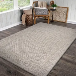 Outdoor Rugs-Kirkland's Home Neutral Bordered Lattice Outdoor Area Rug, 5X7 Gray