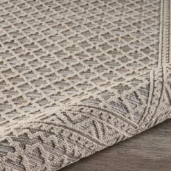 Outdoor Rugs-Kirkland's Home Neutral Bordered Lattice Outdoor Area Rug, 5X7 Gray