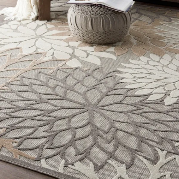 Outdoor Rugs-Kirkland's Home Neutral Floral Burst Outdoor Area Rug, 7X10 Tan/Gray/White