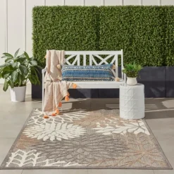Outdoor Rugs-Kirkland's Home Neutral Floral Burst Outdoor Area Rug, 5X7 Tan/Gray/White