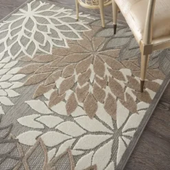Outdoor Rugs-Kirkland's Home Neutral Floral Burst Outdoor Area Rug, 5X7 Tan/Gray/White