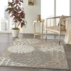Outdoor Rugs-Kirkland's Home Neutral Floral Burst Outdoor Area Rug, 5X7 Tan/Gray/White