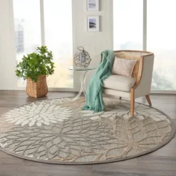 Outdoor Rugs-Kirkland's Home Neutral Floral Burst Outdoor Round Area Rug, 7 Ft. Tan/Gray