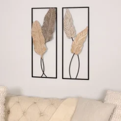 Wall Plaques-Kirkland's Home Neutral Leaves Metal Wall Plaques, Set Of 2 Tan/Black