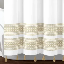 Shower Curtains-Kirkland's Home Neutral Striped And Tasseled Shower Curtain Tan/White
